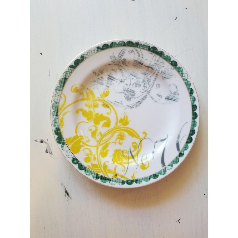 Anthropologie Quality Crockery Ceramic Salad Plate Gold Trim Green Plaid No:76
